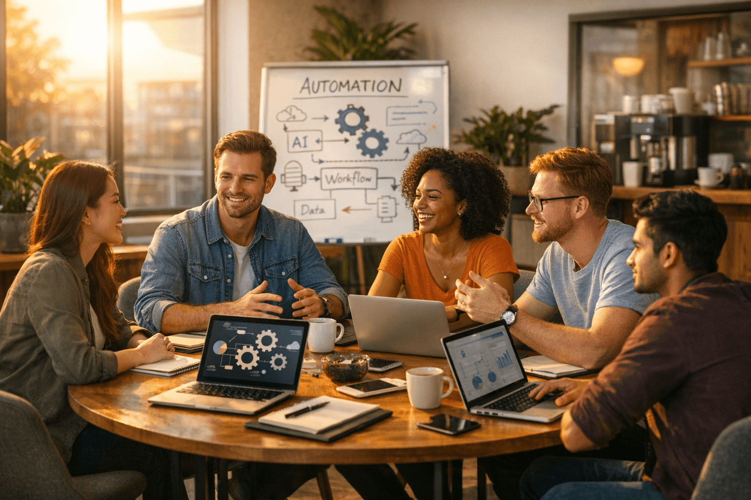 Image: Create a photorealistic image of a modern startup office environment, showcasing a diverse group of ...